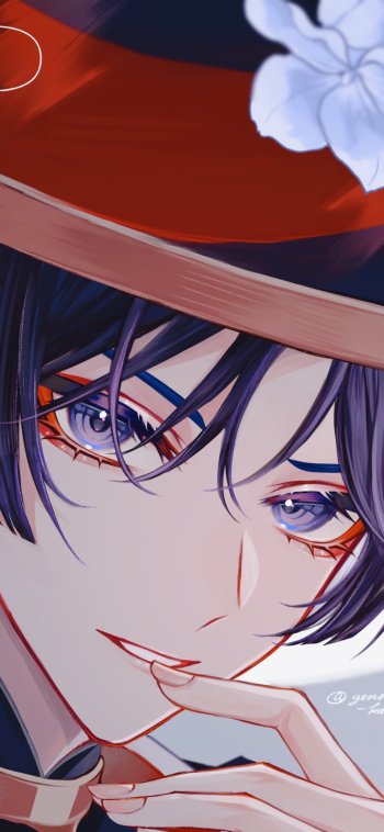 Phone wallpaper close-up of Scaramouche from the video game Genshin Impact: smirking under a hat brim, blue-black hair, vivid purple eyes, hand poised near his lips.