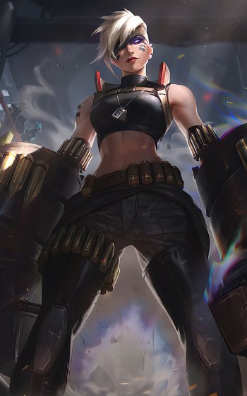 Phone wallpaper of Vi from League of Legends, showcasing her in a strong pose with large gauntlets, designed for iPhone and Android screens.