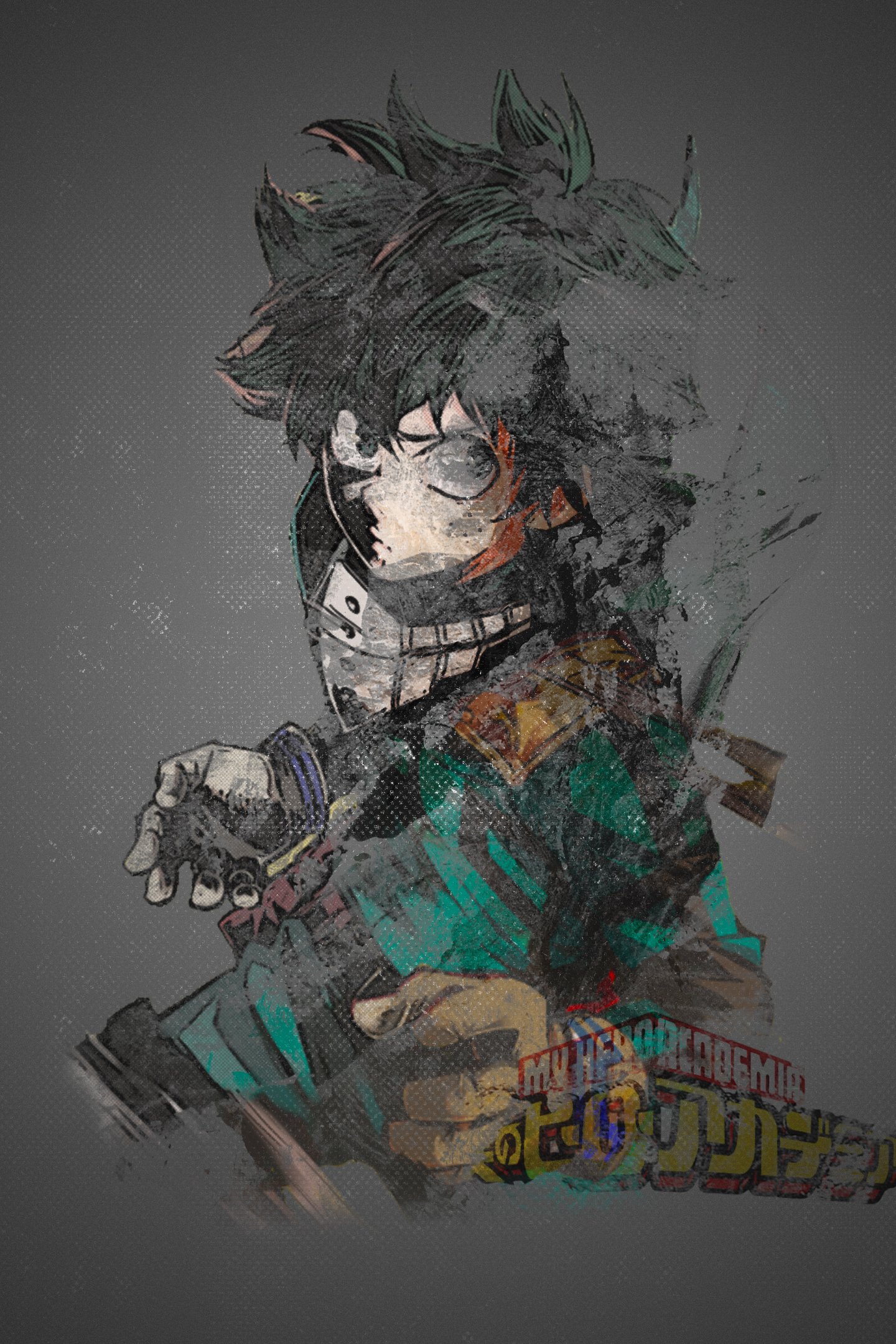 Anime phone wallpaper of Izuku Midoriya from My Hero Academia — gritty, sketchy portrait with fragmented paint effects and green-and-black hero costume.