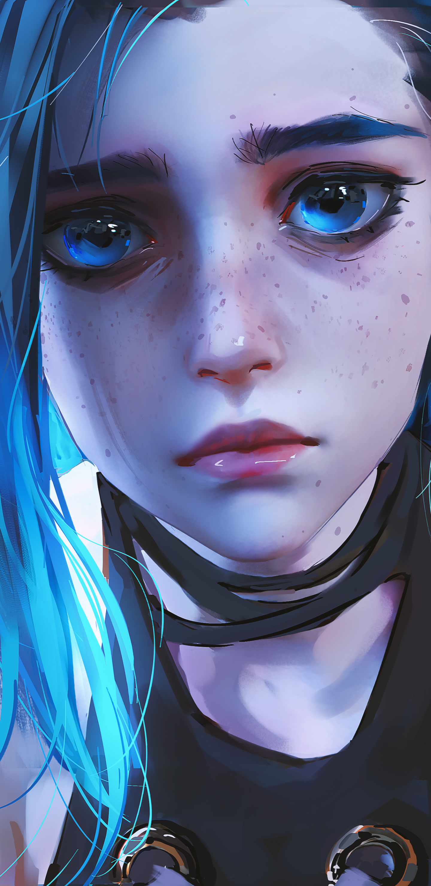 Close-up digital artwork of Jinx from League of Legends, designed as a vibrant phone wallpaper for both iPhone and Android devices.