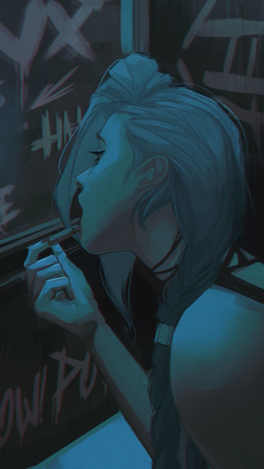 Phone wallpaper of Jinx (League of Legends), video game character — blue-haired braid in profile, leaning to tag a dark, neon-lit wall with graffiti.