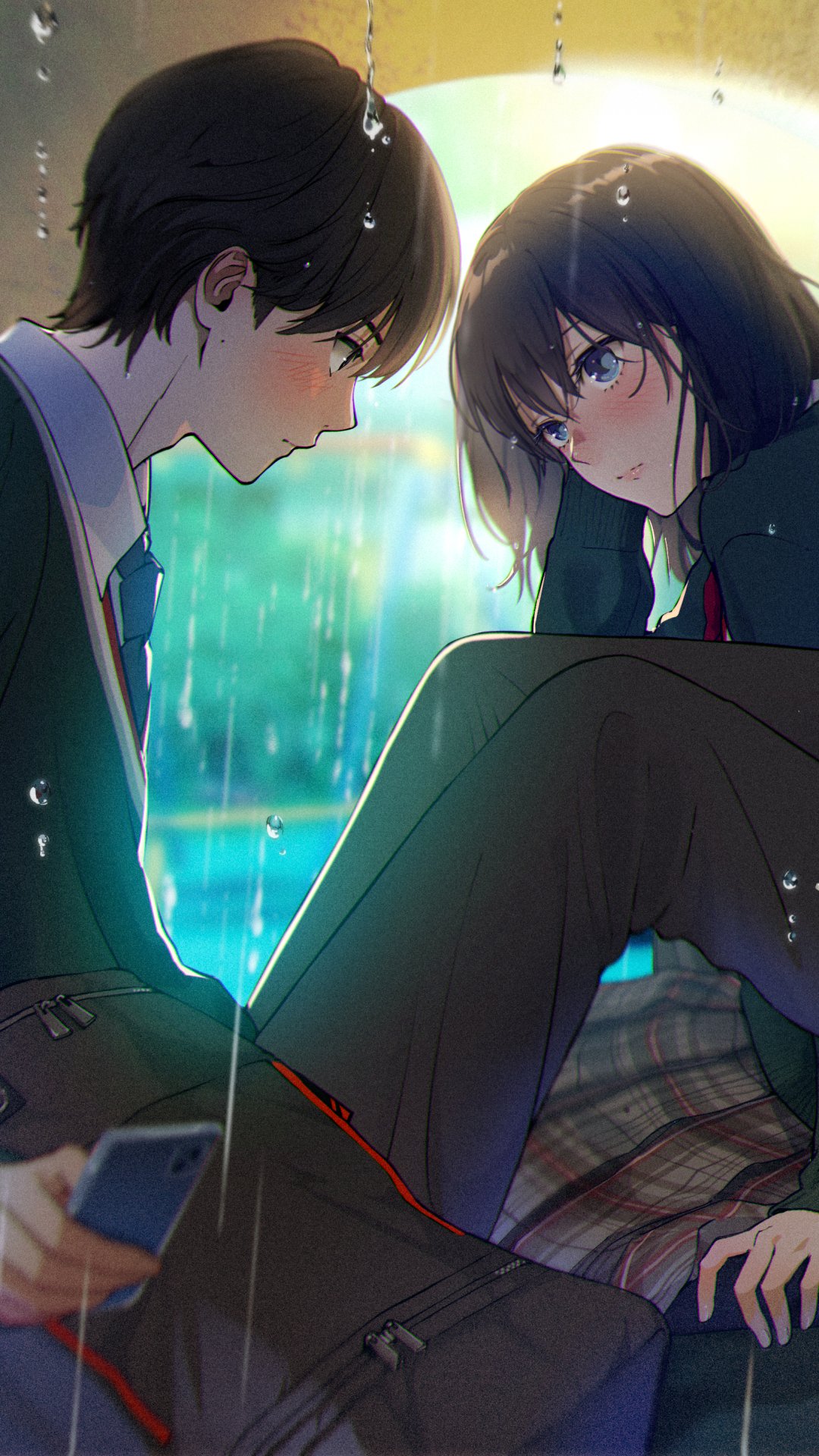 Anime phone wallpaper of an anime couple: two high-school students in uniforms sharing an umbrella in the rain, locked in an intense, close gaze with warm backlight.