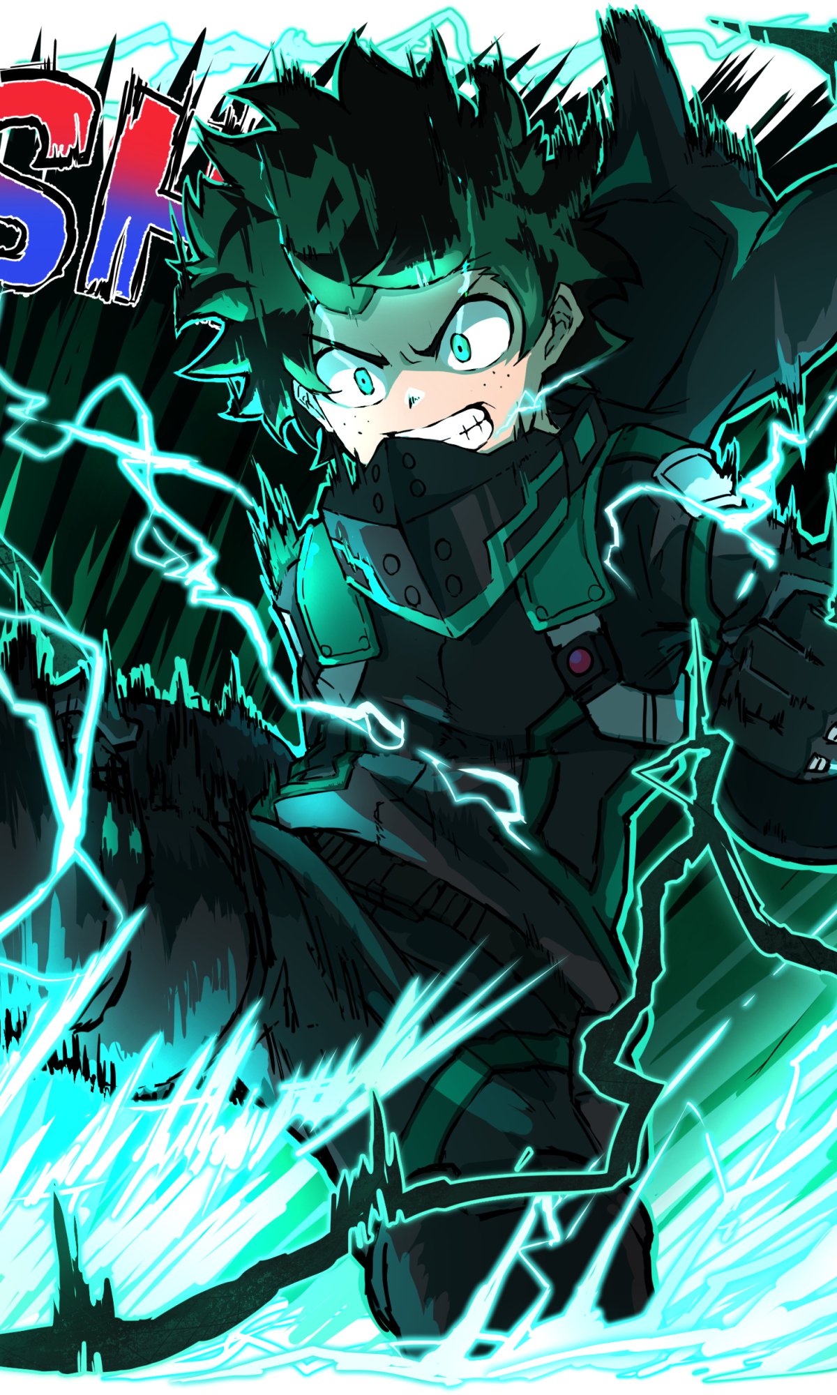 Dynamic My Hero Academia anime phone wallpaper featuring Izuku Midoriya unleashing electric energy, designed for both iPhone and Android screens.