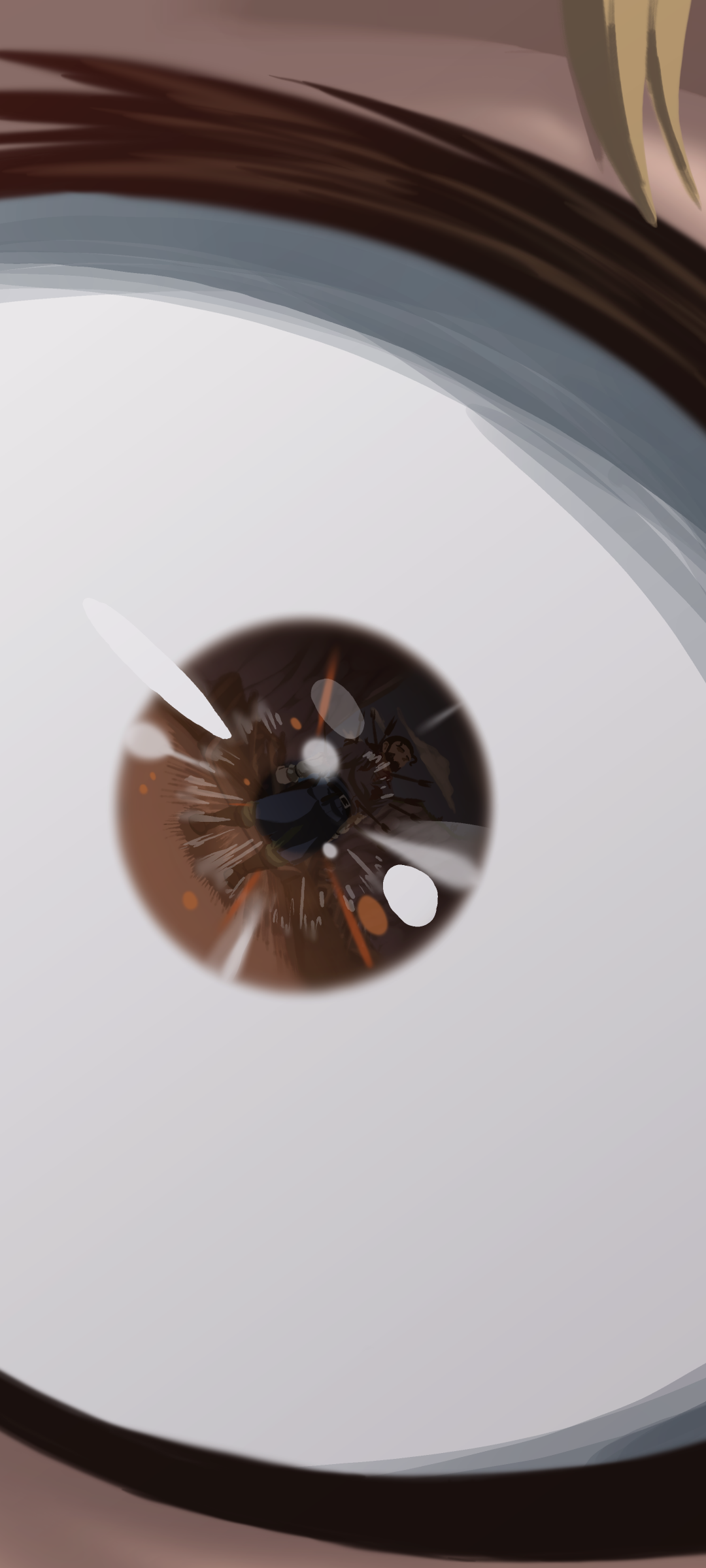 Close-up anime eye from Vinland Saga, detailed reflection, designed as a vibrant phone wallpaper compatible with iPhones and Android devices.