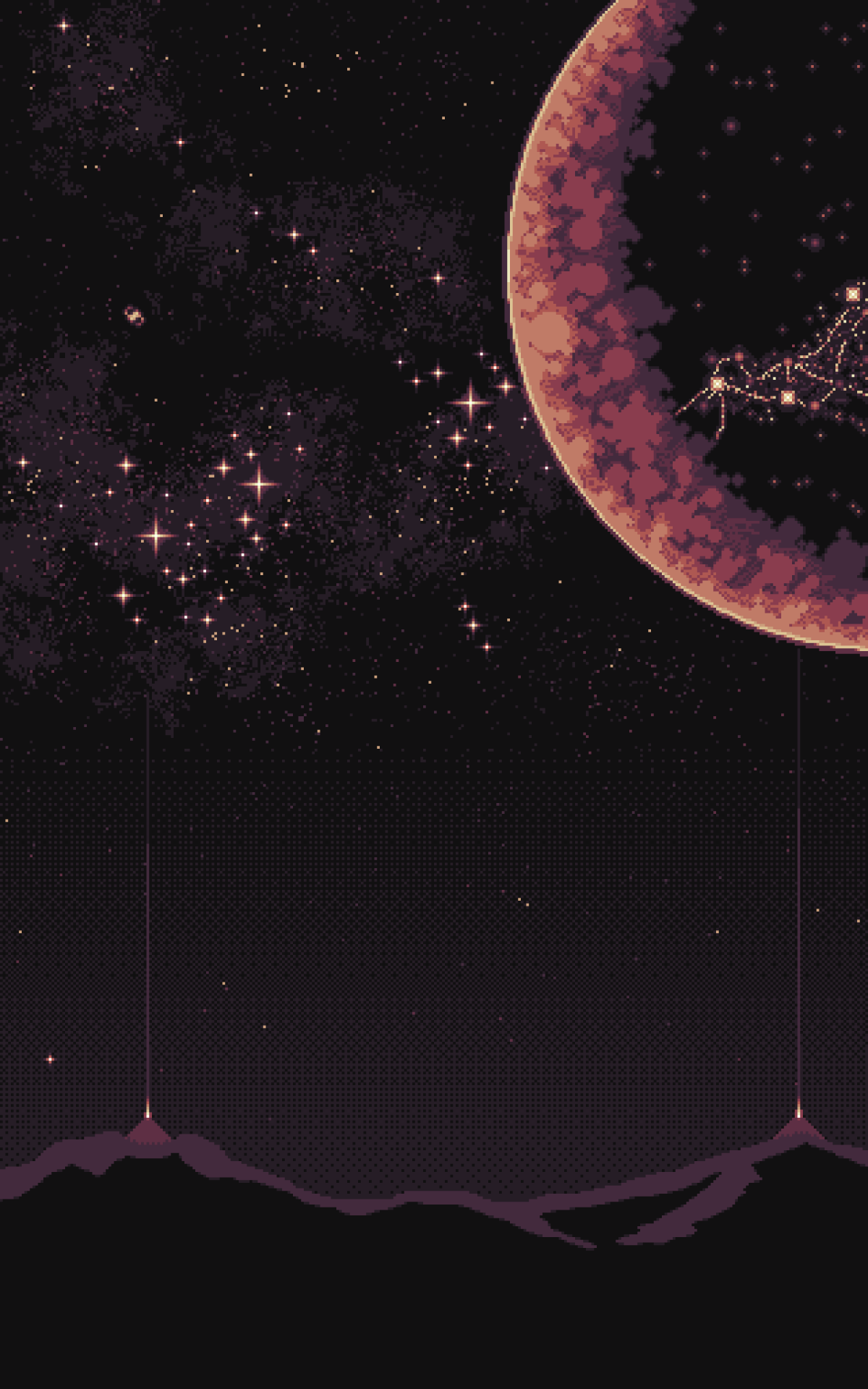 Artistic pixel art of a cosmic scene featuring a detailed red planet and starry sky, designed as a phone wallpaper for iPhones and Android devices.