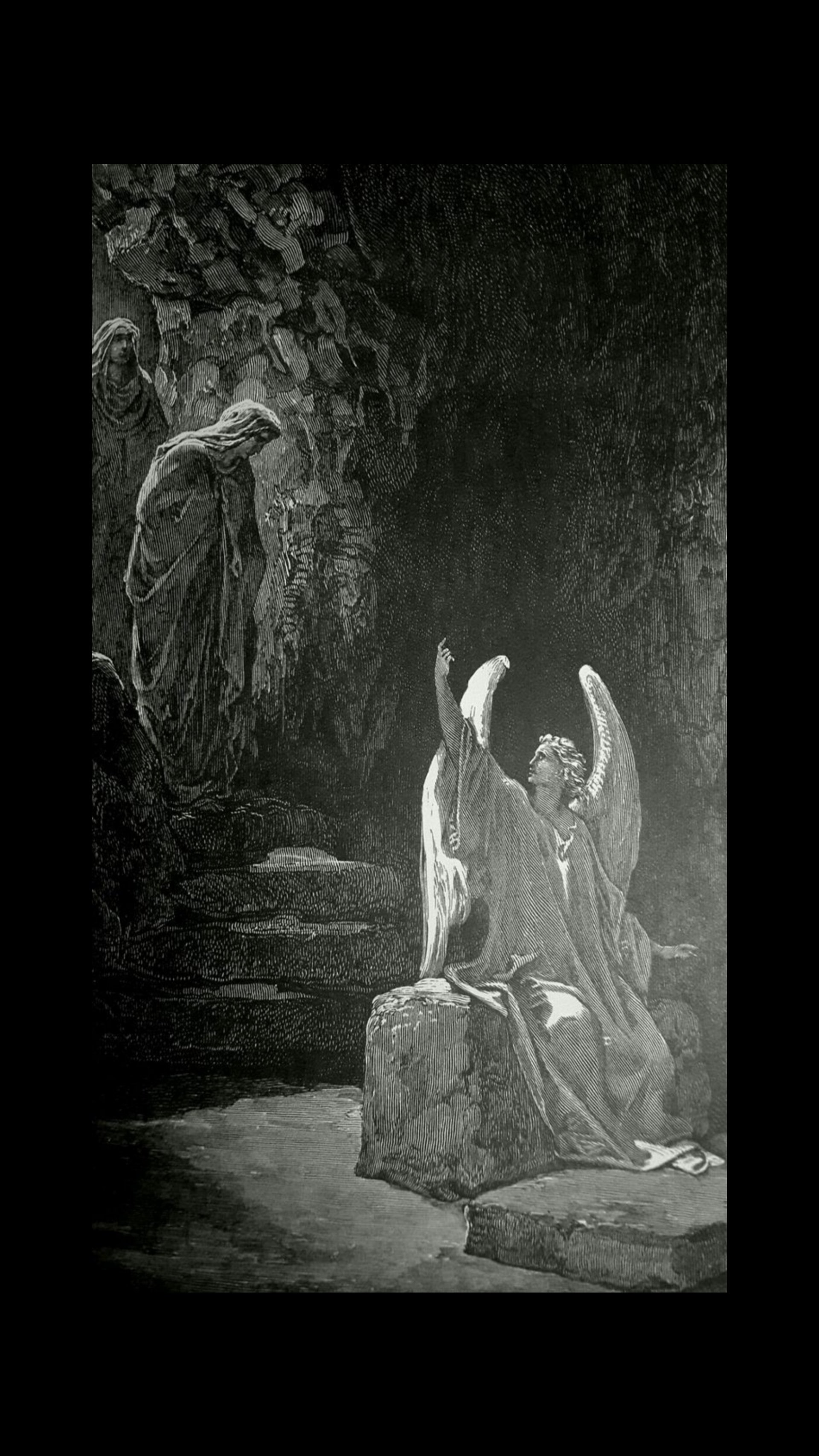 Aesthetic black-and-white phone wallpaper: a kneeling angel on stone, arms raised amid cavernous shadows and carved figures.