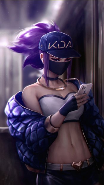 Phone wallpaper featuring Akali from League of Legends in a modern outfit, wearing a K/DA cap and looking at her phone, designed for iPhone and Android screens.
