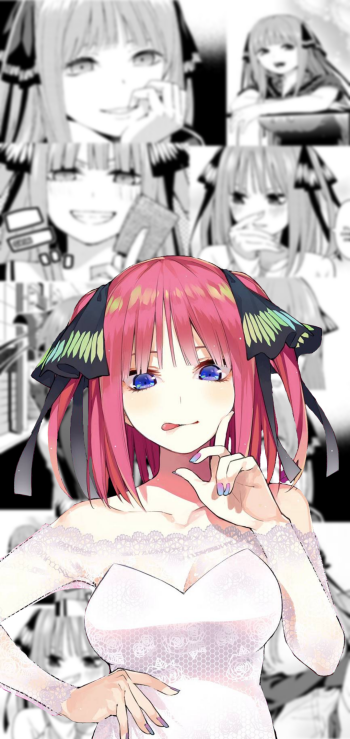 Phone wallpaper featuring Nino Nakano from the anime The Quintessential Quintuplets, showcasing a colored foreground character against a black-and-white manga collage background.