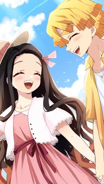 Phone wallpaper of Zenitsu Agatsuma and Nezuko Kamado from Demon Slayer: Kimetsu no Yaiba, smiling and holding hands under a bright blue sky.