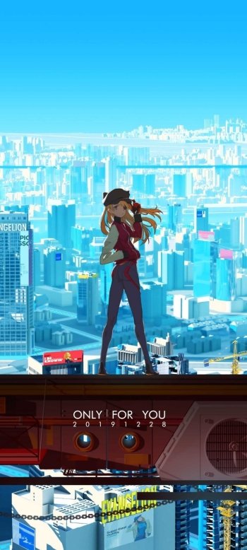 Phone wallpaper: Neon Genesis Evangelion anime scene — a red‑suited pilot stands on a rooftop, overlooking a sunlit futuristic cityscape beneath a clear blue sky.