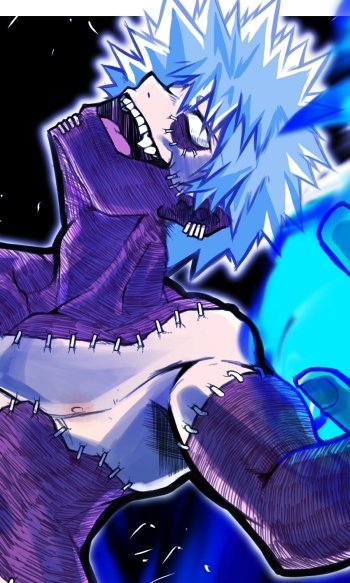 Anime/My Hero Academia phone wallpaper: stitched, spiky-haired character in patched clothing summoning a bright blue flame in a dramatic close-up.