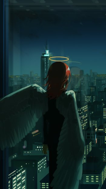 Phone wallpaper featuring Angel Devil (Chainsaw Man) — anime scene of a winged figure with halo gazing over a neon-lit city at night.