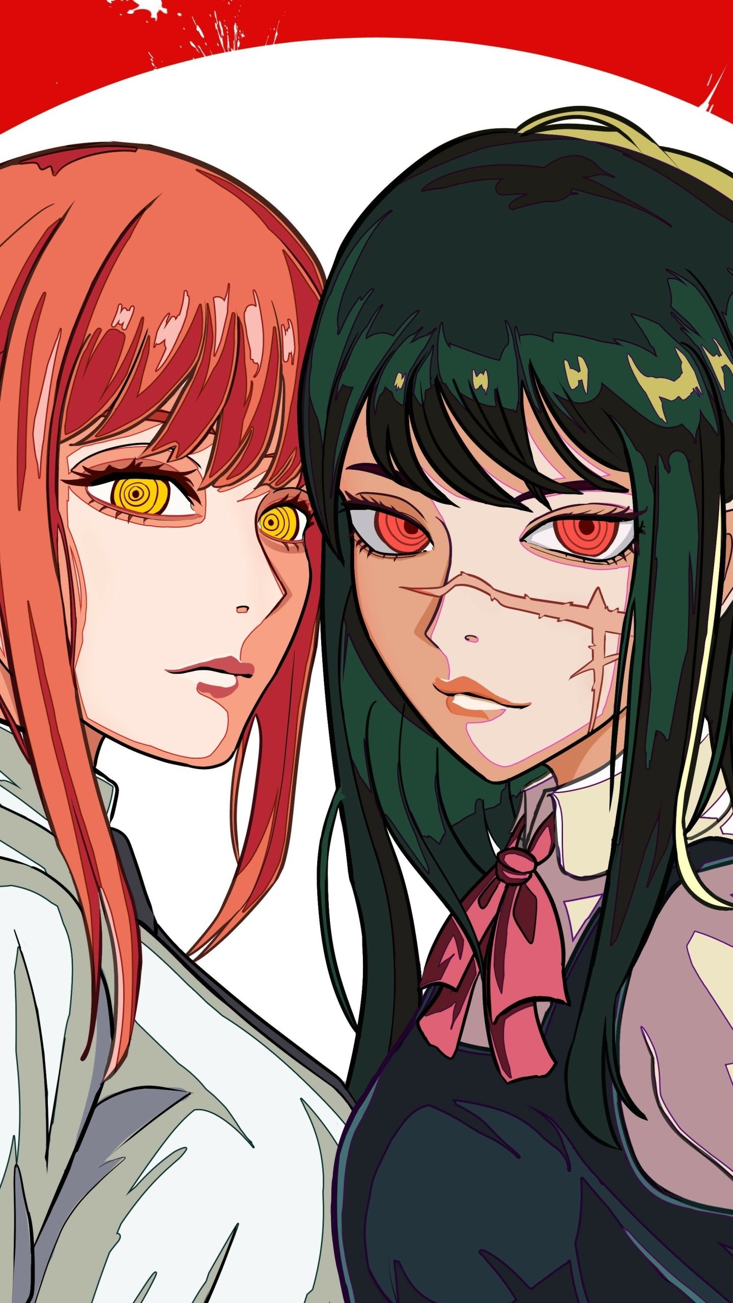 Phone wallpaper anime close-up of Makima (red hair) and Asa Mitaka (green hair) from Chainsaw Man, both staring intensely forward against a bold red-and-white background.