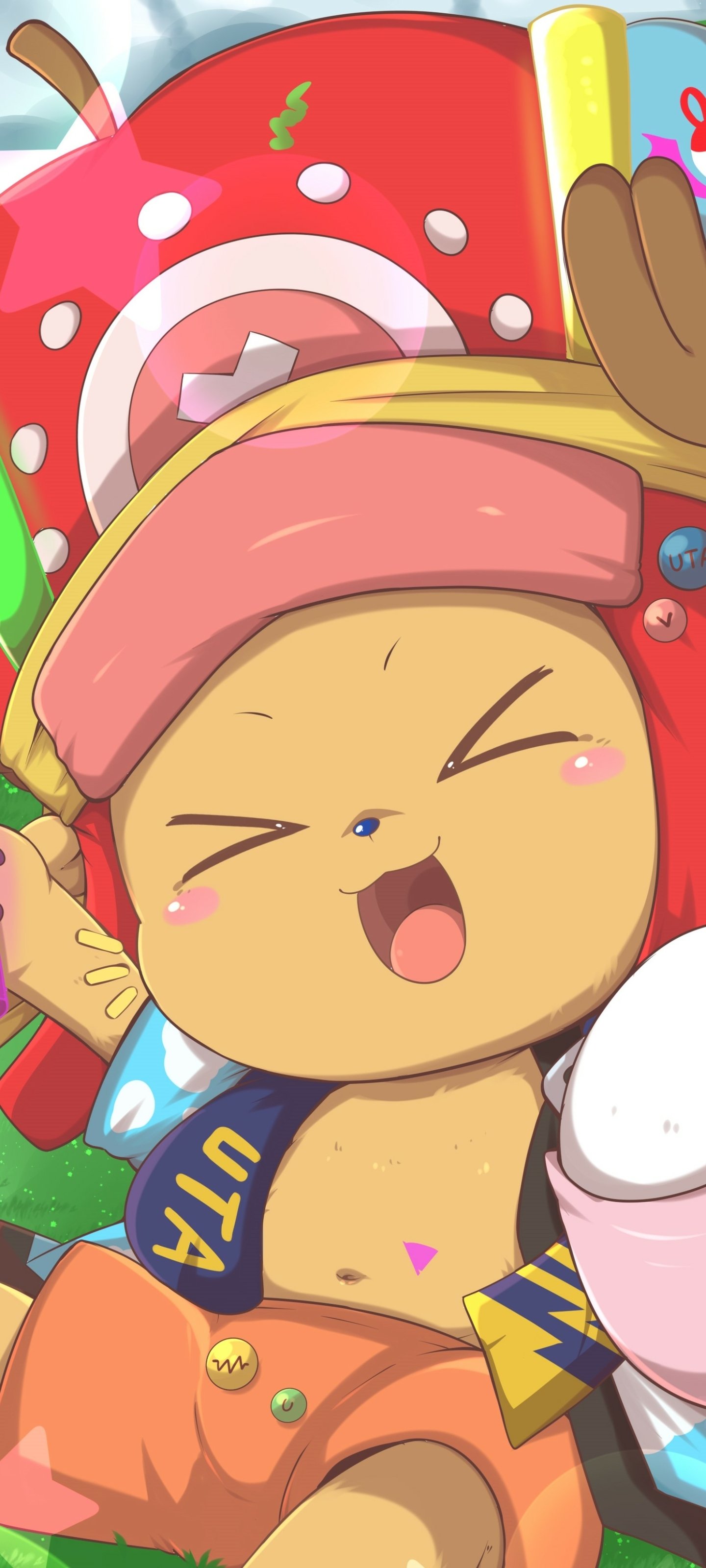 Phone wallpaper featuring Tony Tony Chopper from the anime One Piece, designed for both iPhone and Android screens with vibrant colors and playful expression.