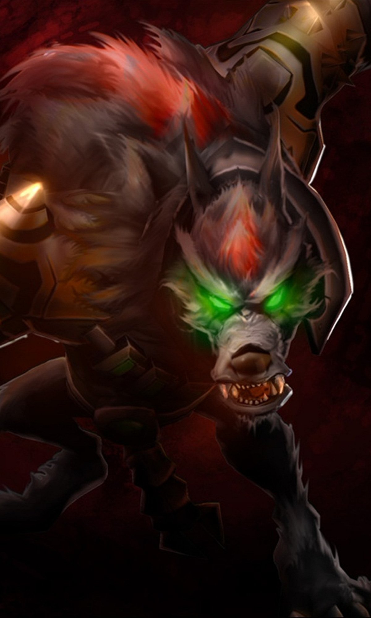 Phone wallpaper of Warwick from the video game League of Legends: a snarling, armored werewolf with glowing green eyes and a blood-red mane emerging from shadow.