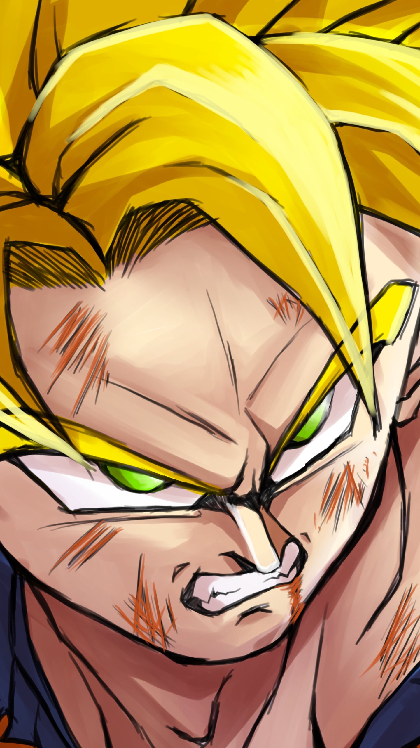 Phone wallpaper close-up of Goku as a Super Saiyan from Dragon Ball, fierce glare, glowing green eyes, battle-scarred face and golden hair.