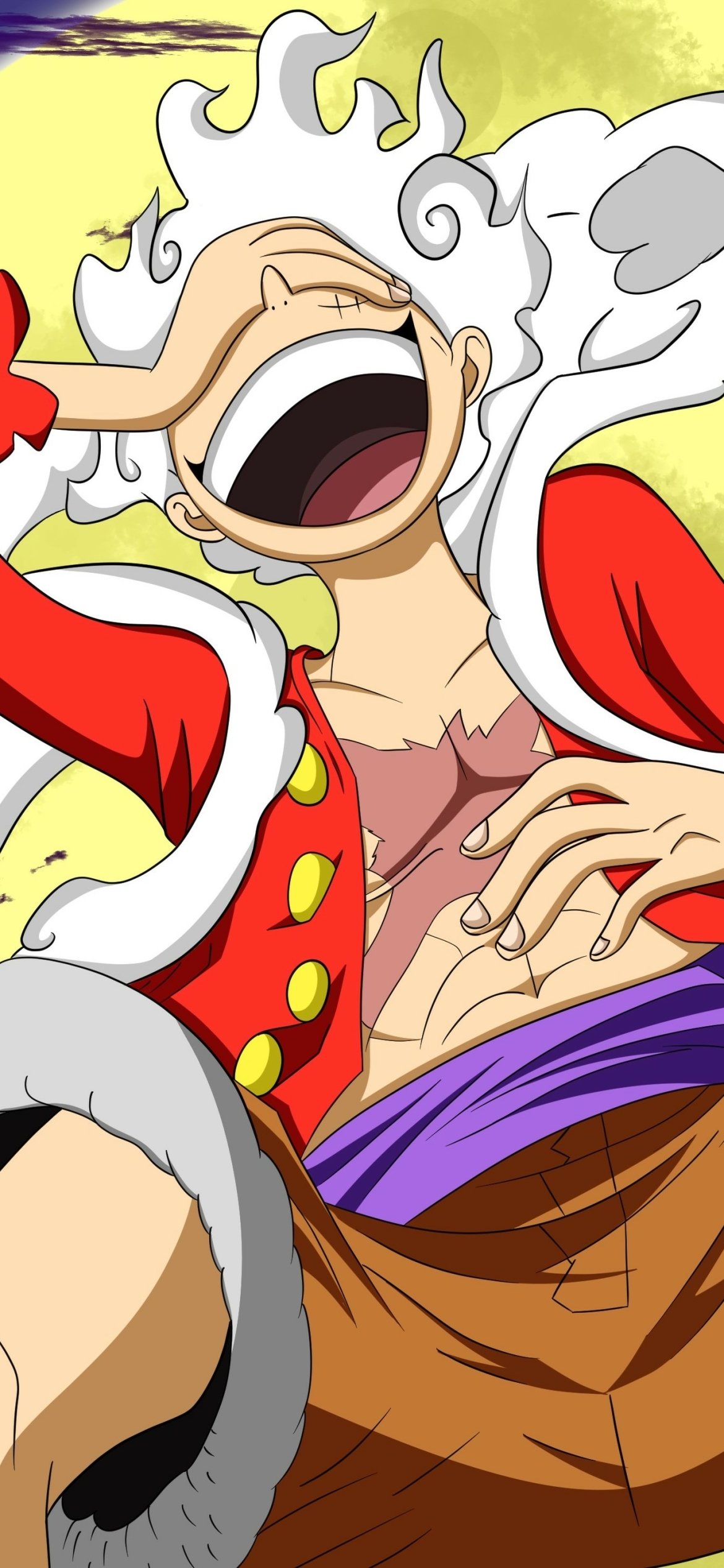Phone wallpaper of Monkey D. Luffy in Gear 5 from One Piece — anime artwork of Luffy laughing in a dynamic pose with bright colors, sized for iPhone and Android screens.