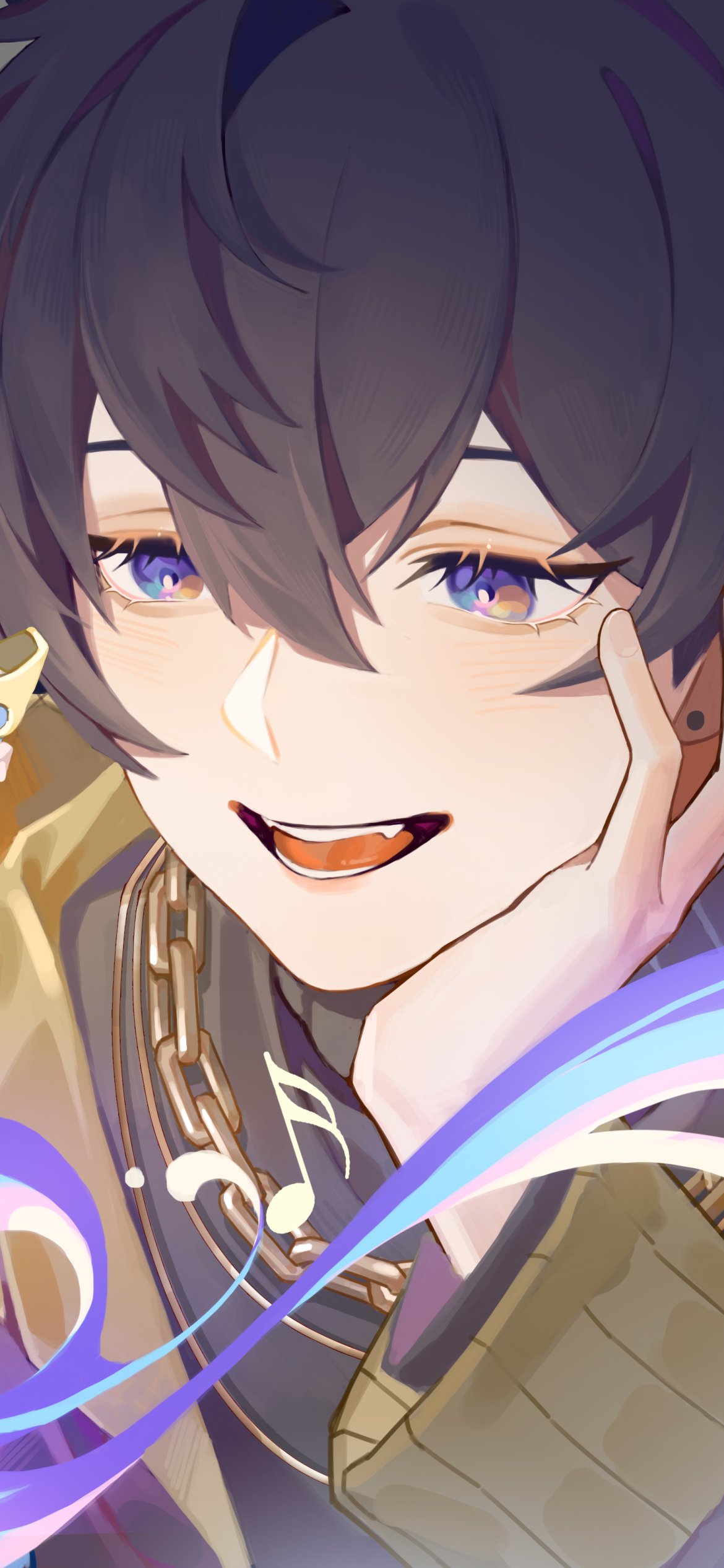 Phone wallpaper featuring anime-style Shxtou (Virtual YouTuber) smiling in close-up, dark tousled hair, violet eyes, a gold chain, and swirling musical-note accents.