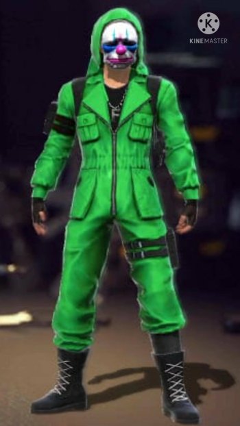 Phone wallpaper of a video game Garena Free Fire character in a neon green tactical suit and clown mask, standing against a dark blurred background.