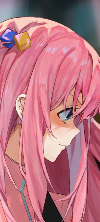 Phone wallpaper of Hitori Gotou from Bocchi the Rock! — anime side profile with long pink hair, hair clips and headphones, soft lighting and a contemplative expression.