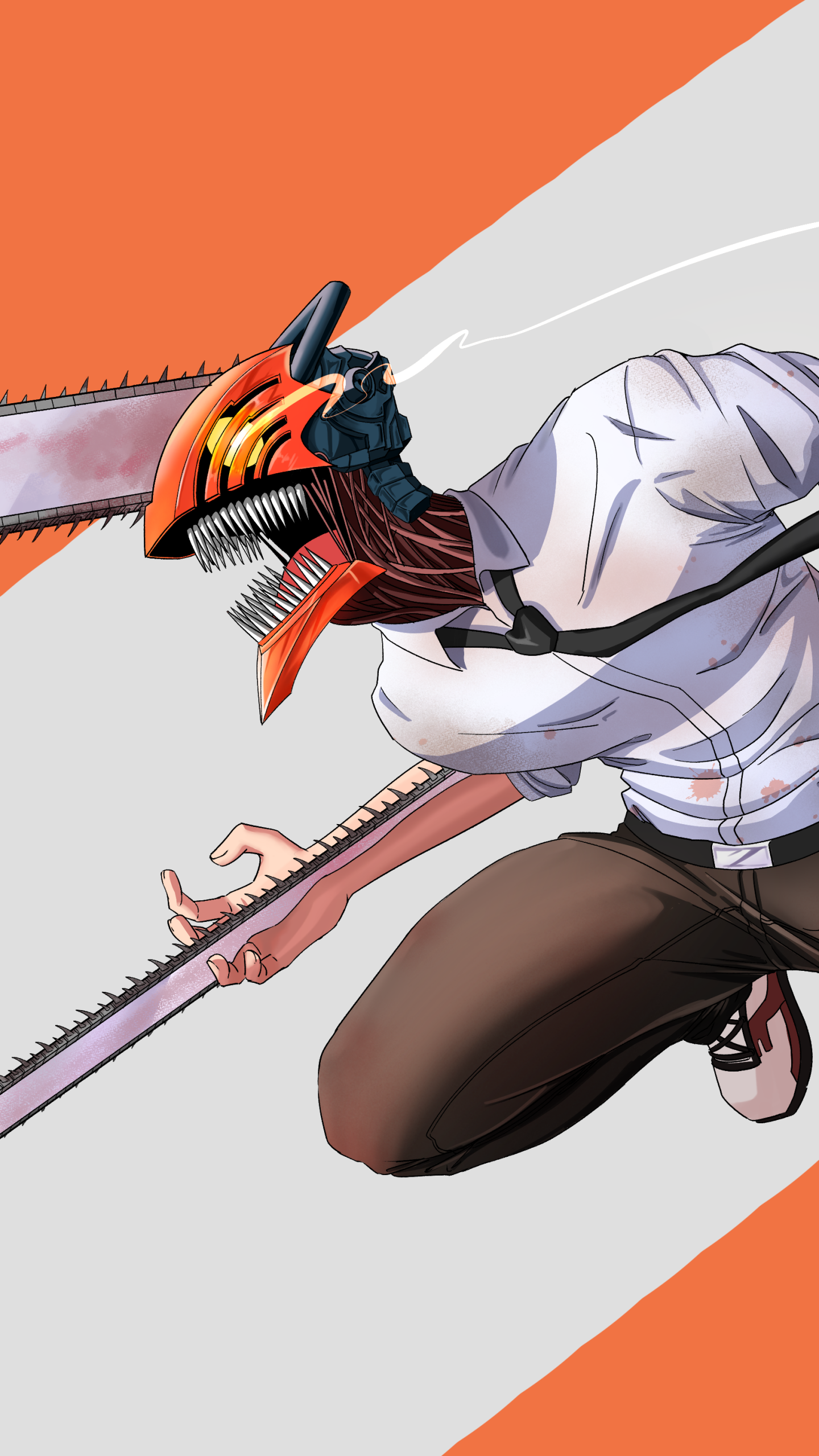 Phone wallpaper of Denji (Chainsaw Man) in an anime action pose, chainsaw head and arm blades against bold orange and gray diagonal background.