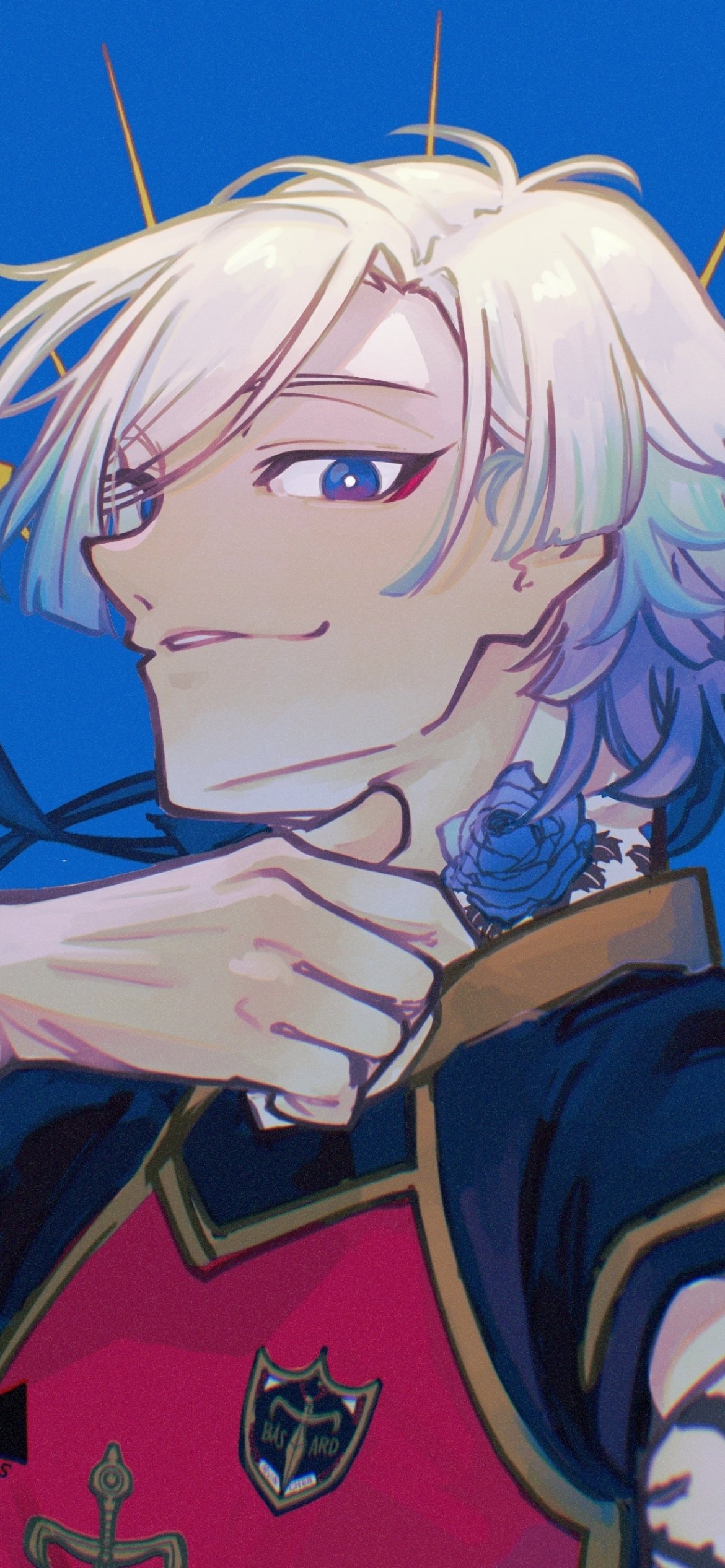 Phone wallpaper of Michael Kaiser from Blue Lock: white-haired anime character smirking with blue eyes, hand at his neck, a blue rose on his throat, wearing a red-and-black jersey on a blue backdrop.