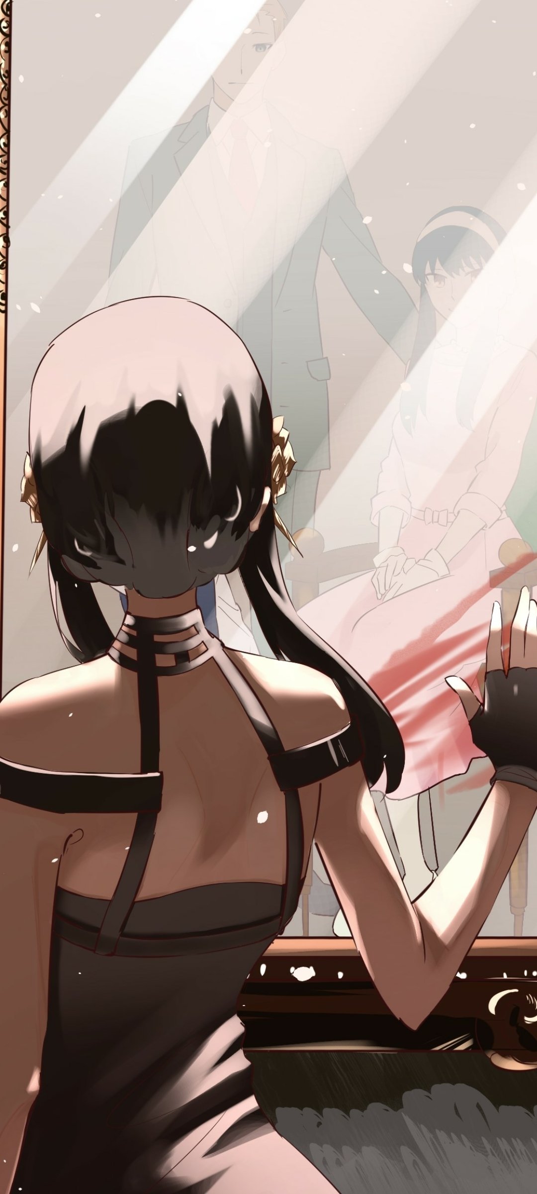 Phone wallpaper of Yor Forger from Spy x Family (anime): seen from behind in a black strappy outfit, hand on a mirror that reflects her face and a pink dress.