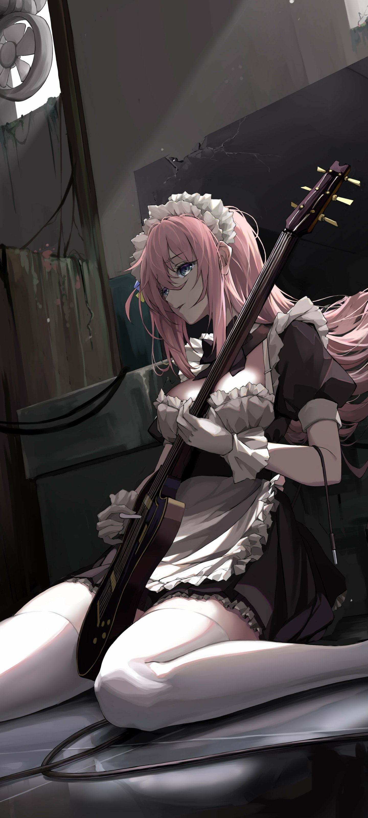 Vertical phone wallpaper featuring an anime character from Bocchi the Rock! in a maid outfit playing bass guitar with a moody, dimly lit background.