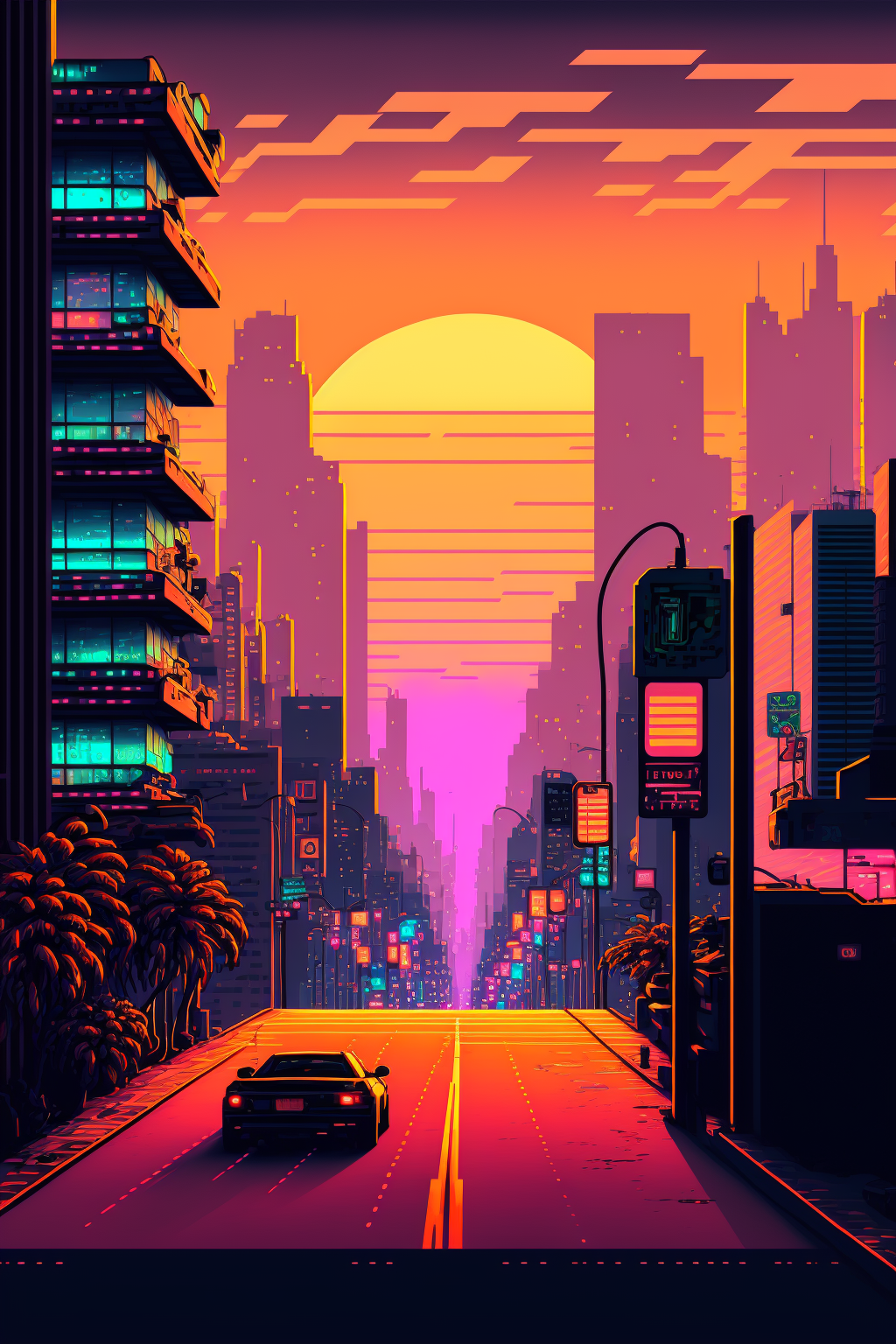 A vibrant retrowave cityscape at sunset with neon-lit buildings and a car on the street, designed as AI-generated artistic phone wallpaper for iPhones and Android devices.