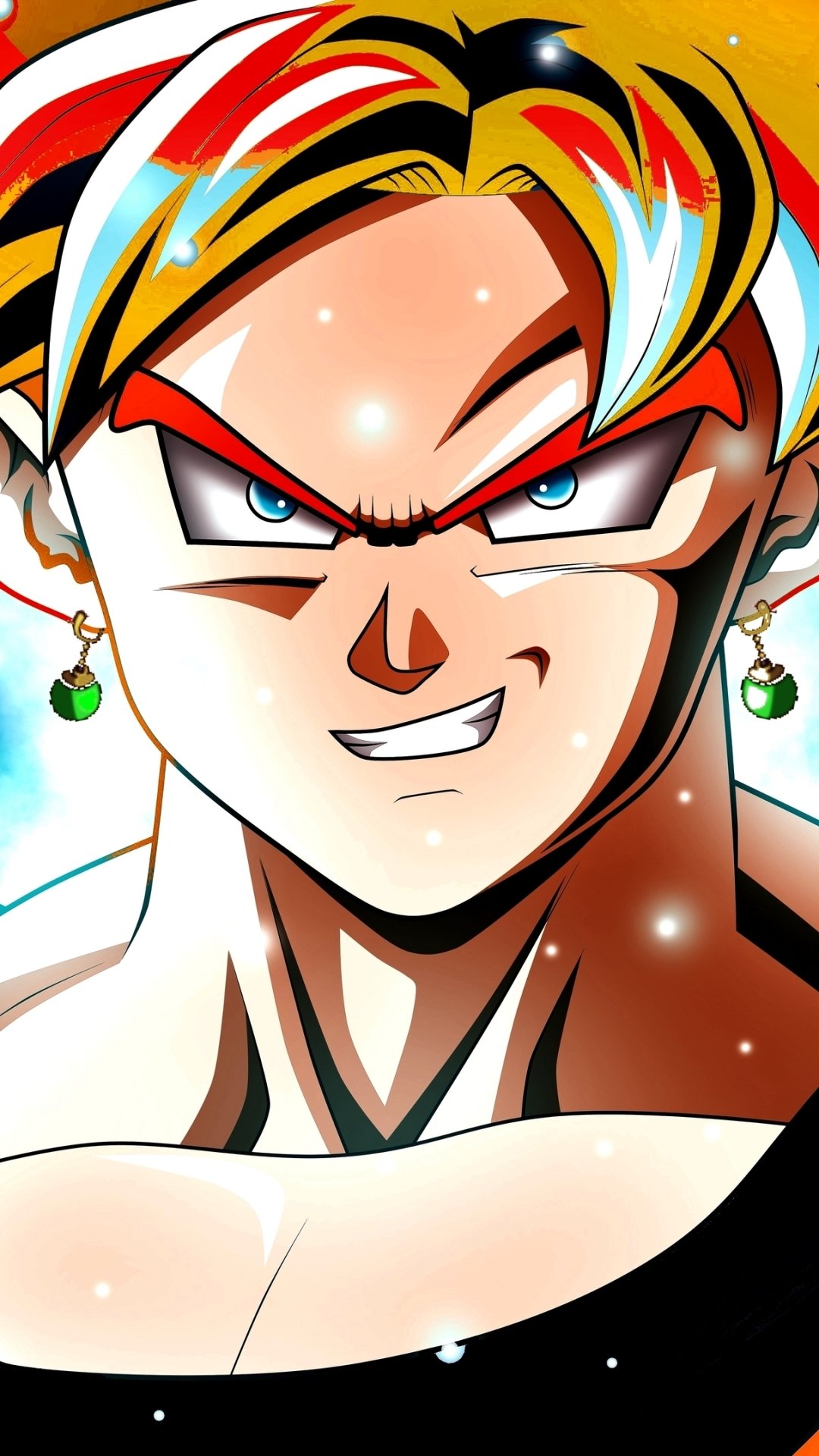 Vibrant Dragon Ball anime character close-up with intense expression, designed as a dynamic phone wallpaper for both iPhone and Android devices.