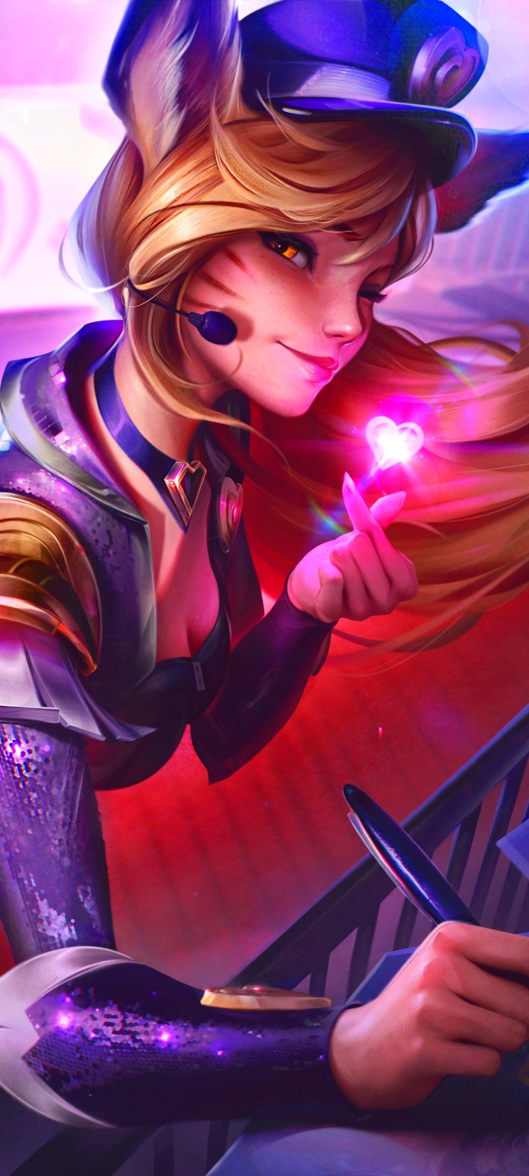Phone wallpaper of Ahri (League of Legends): fox-eared video game champion in pop-star attire, holding a glowing pink heart orb against a vibrant neon background.