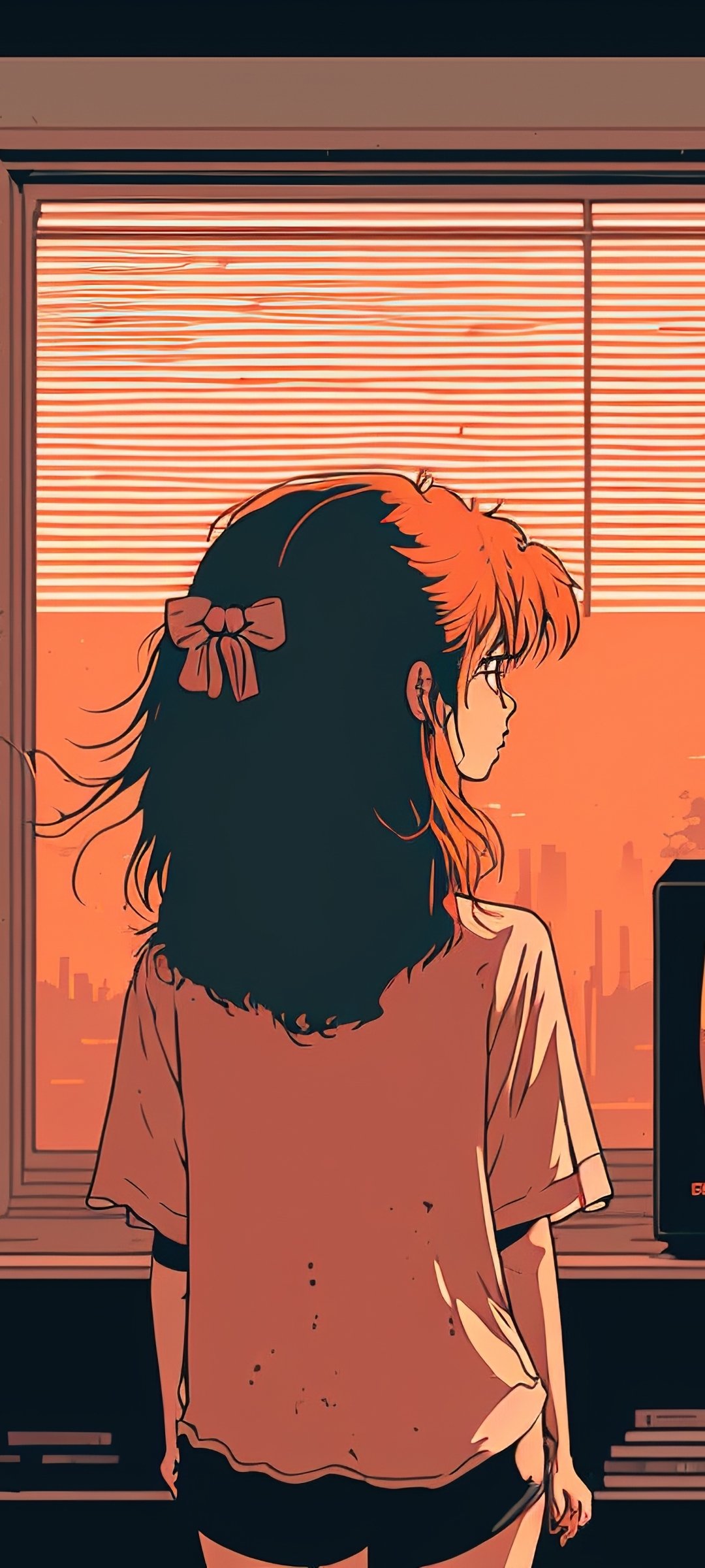 Phone wallpaper of an anime girl with dark-and-orange hair tied with a ribbon, seen from behind as she stands by a blinds-lit window at sunset.