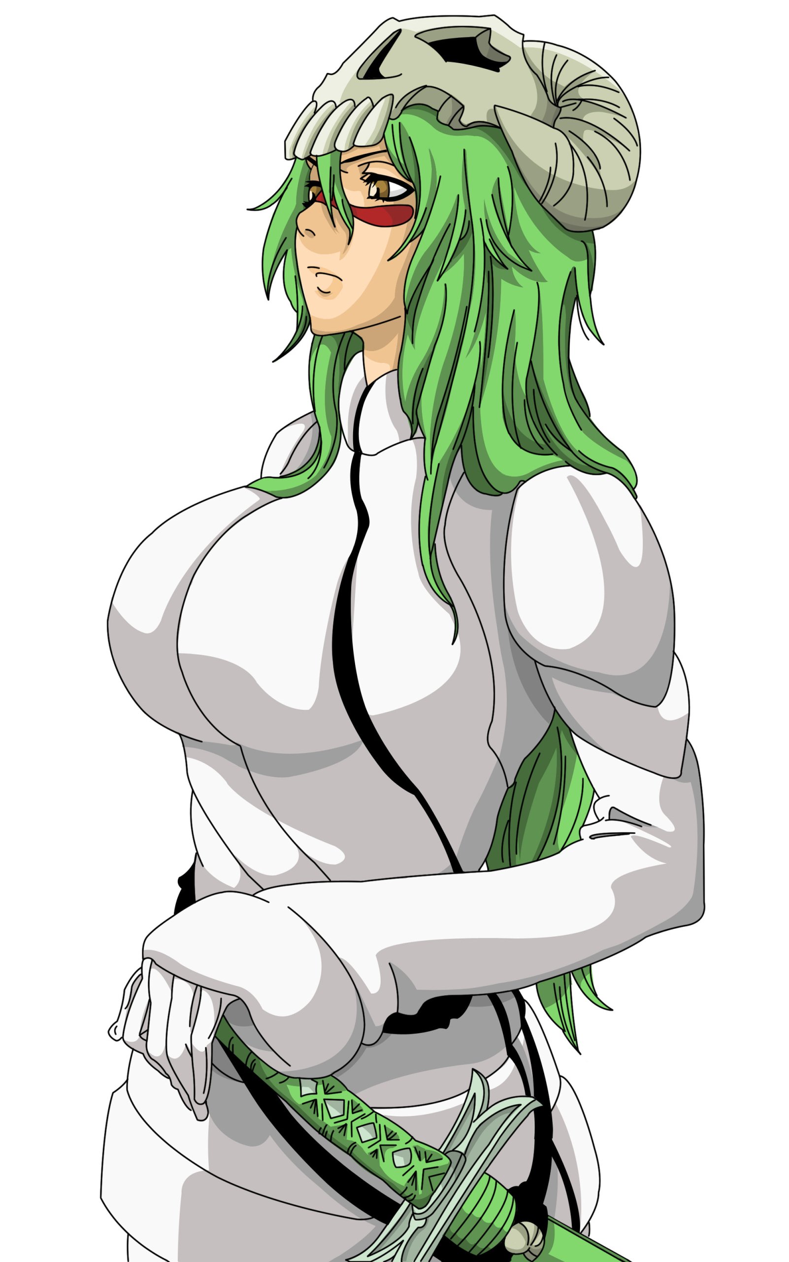 Phone wallpaper of Nelliel Tu Odelschwanck from Bleach: green-haired woman in white form-fitting outfit with hollow skull-horn helmet fragment, holding a green-hilted blade in three-quarter view.