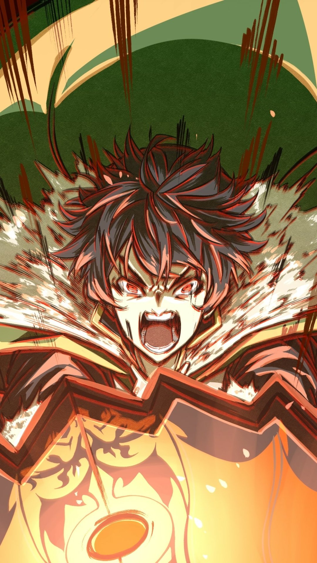 Dynamic phone wallpaper of Naofumi Iwatani from The Rising of the Shield Hero, roaring with wild hair, a glowing shield and explosive, fiery energy aura.