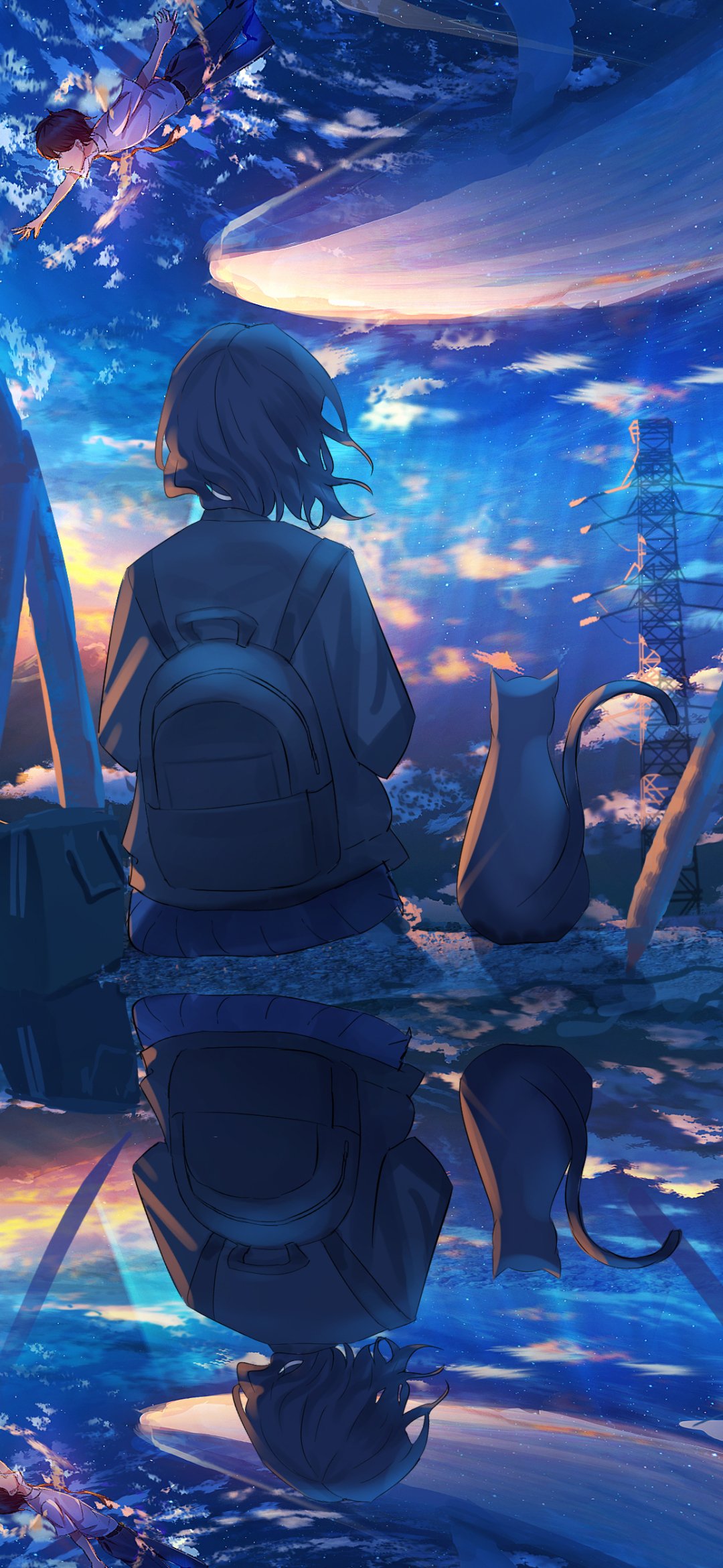 Phone wallpaper of an anime girl with a backpack staring at a luminous, mirrored sky over water in dreamy blue-pink hues — anime, girl, anime girl.