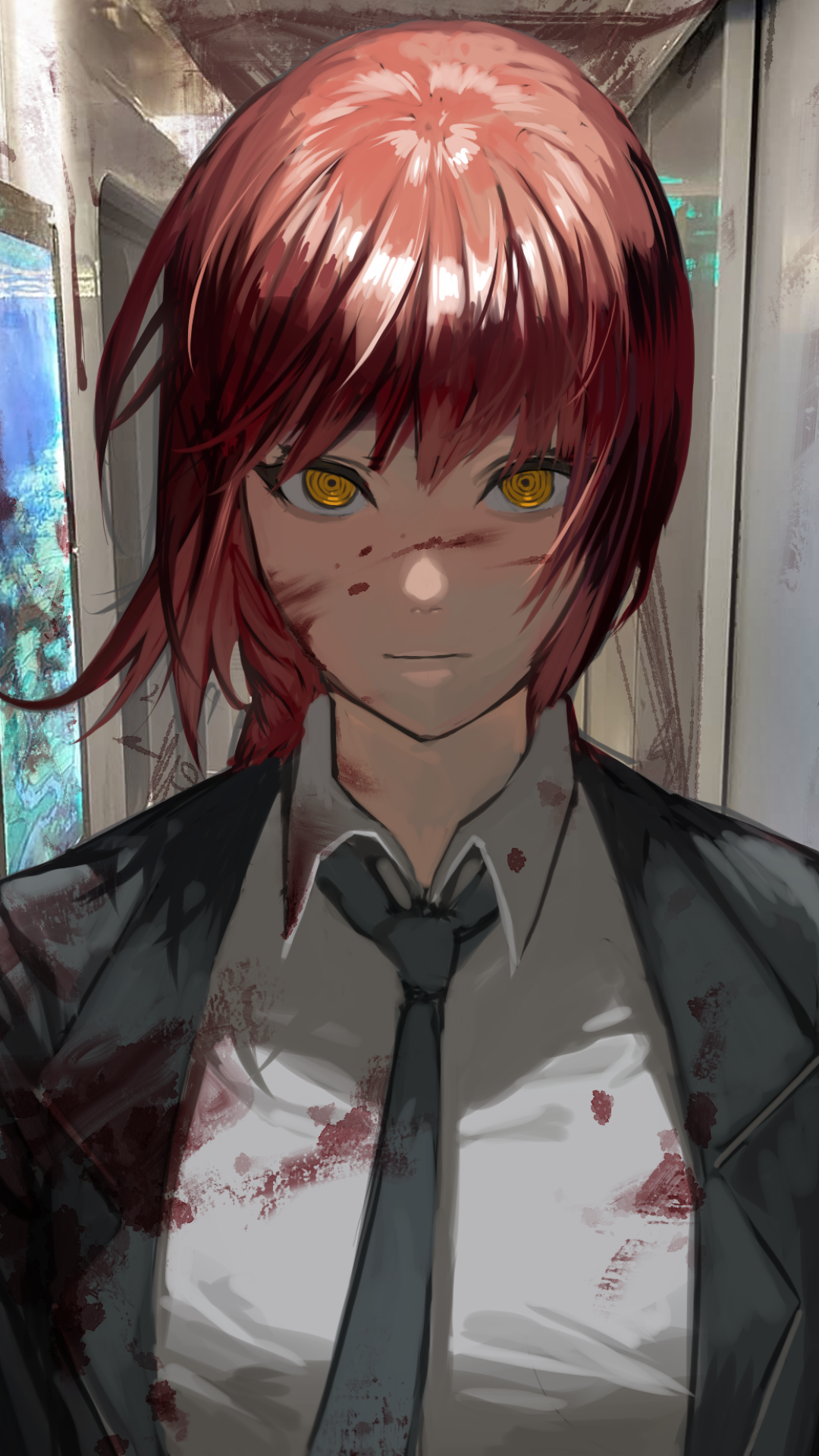 Phone wallpaper of Makima from Chainsaw Man: close-up anime portrait with crimson hair, intense yellow eyes, blood-splattered suit and tie, dim corridor background.