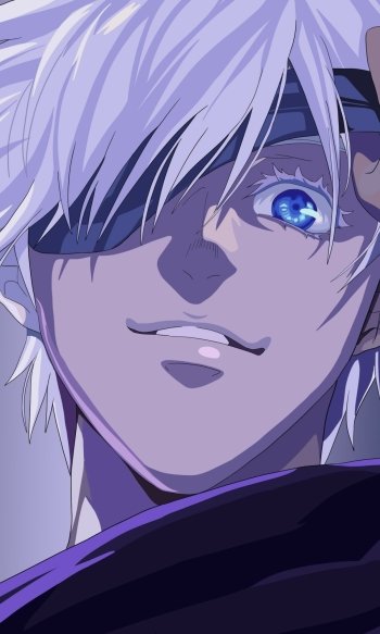 Phone wallpaper of Satoru Gojo (Anime, Jujutsu Kaisen): close-up smile, white hair, blindfold lifted to show vivid blue eye, purple-blue lighting and shadowed features.