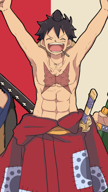 Phone wallpaper featuring Monkey D. Luffy from the anime One Piece, showcasing his excited expression and iconic outfit against a red and beige background.