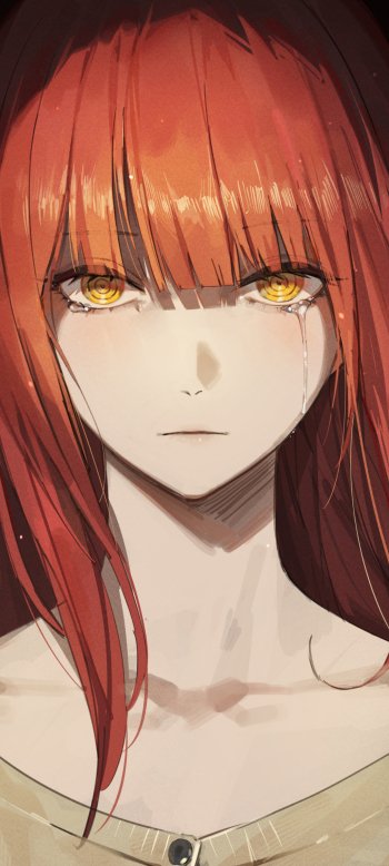 Phone wallpaper of Makima from the anime Chainsaw Man, featuring a close-up of her intense gaze with vivid red hair and golden eyes, designed for iPhones and Android phones.