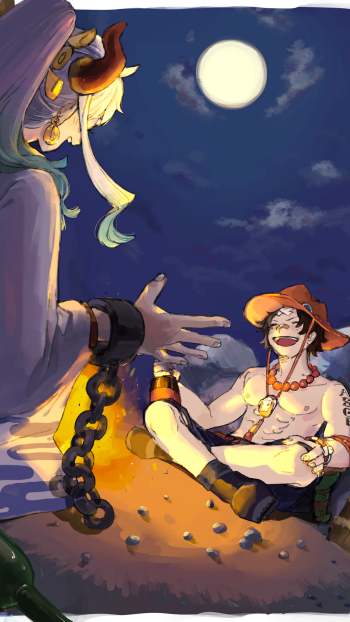 One Piece anime phone wallpaper for iPhone and Android: Straw Hat Luffy laughing by a moonlit campfire while a chained figure reaches out beneath a starry sky.