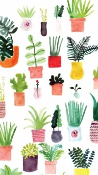 Alt-text: Colorful illustrated phone wallpaper featuring a variety of watercolor houseplants in pots, ideal for plant lovers.