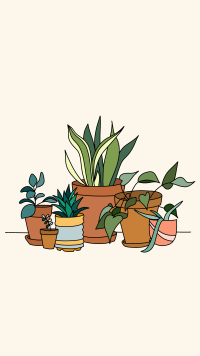 Houseplants line art illustration for phone wallpaper with various potted plants on a beige background.