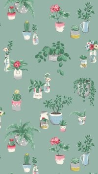 Colorful houseplant pattern wallpaper for phones featuring various potted plants on a teal background.