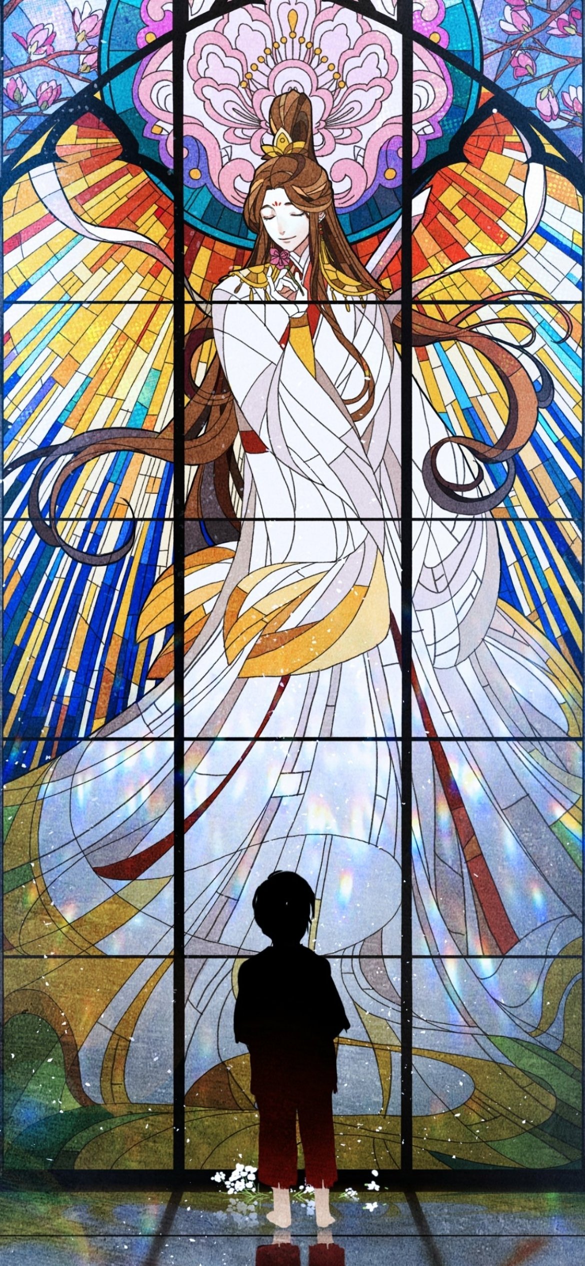 Anime phone wallpaper from Tian Guan Ci Fu: a towering stained‑glass angel with golden wings and flowing robes, framed by a window as a small silhouetted child gazes up.