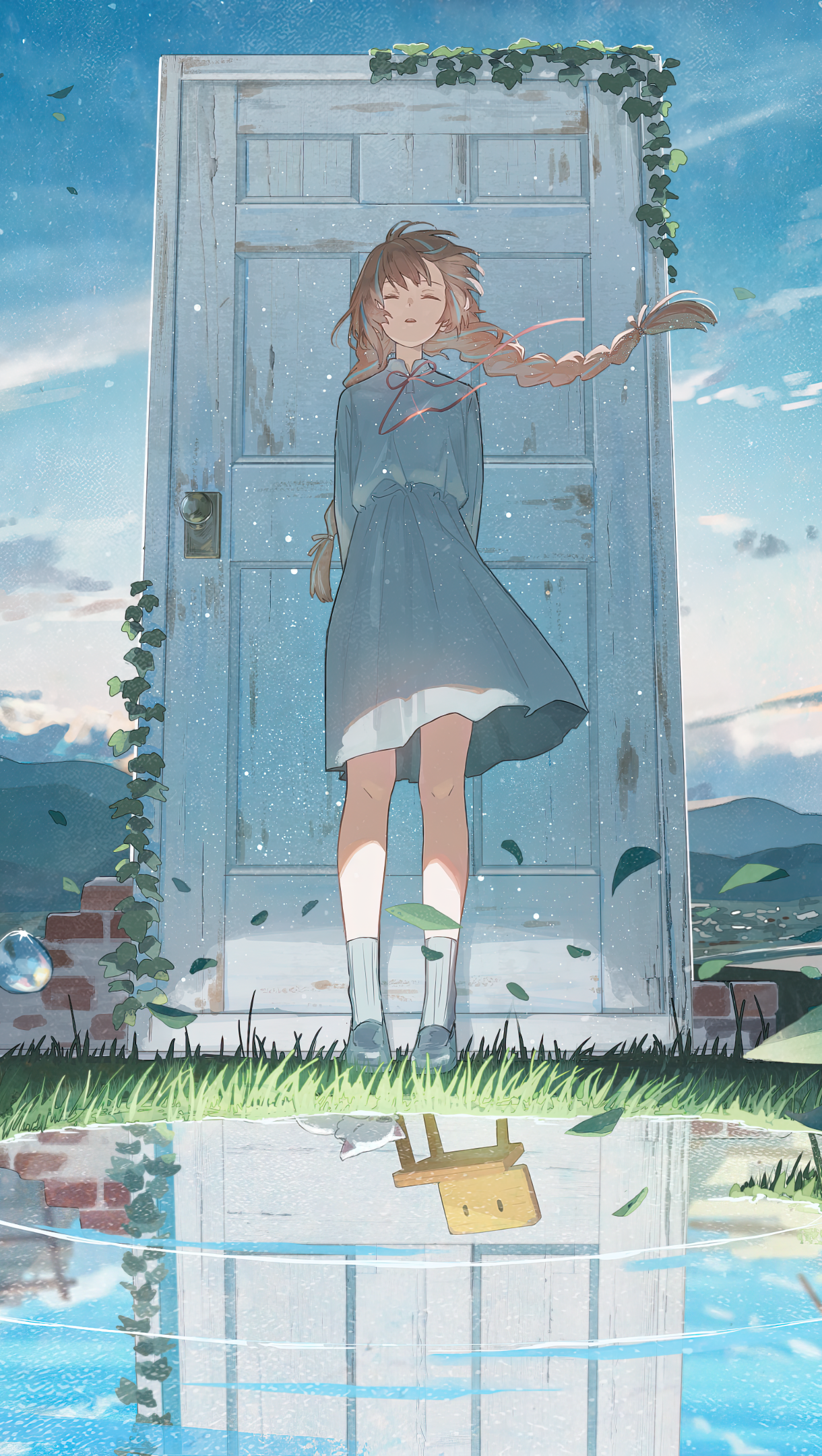Anime girl with long braided hair stands before a weathered door surrounded by greenery, reflected in a pool of water, designed as a vibrant phone wallpaper for iPhones and Androids.