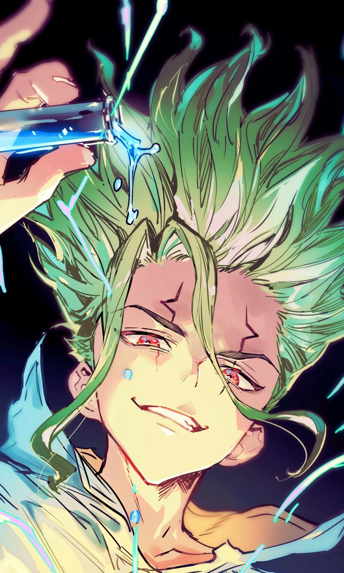 Phone wallpaper featuring Senku Ishigami from the anime Dr. Stone, showcasing his signature green hair and confident expression with a blue liquid splash.
