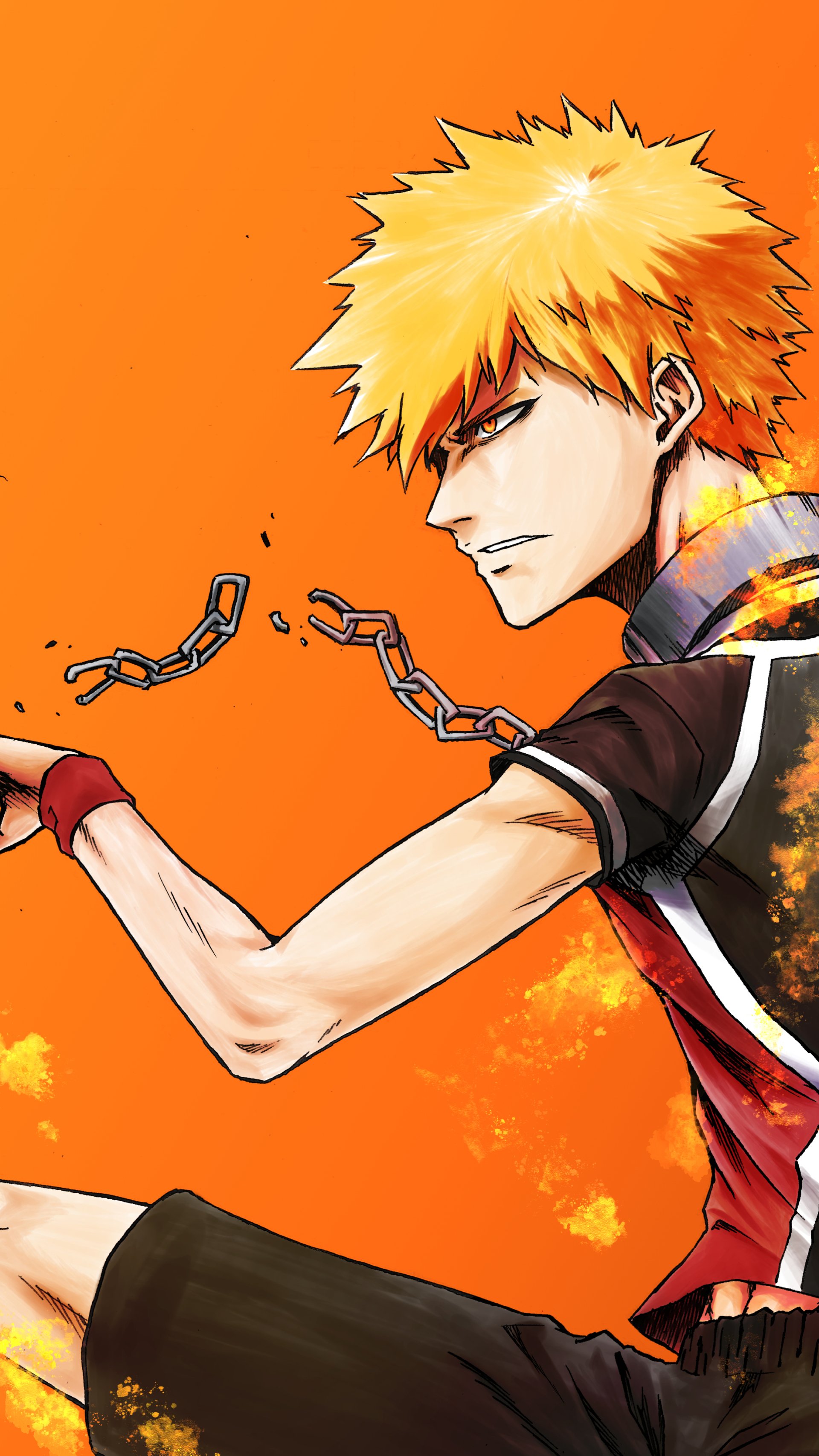 Phone wallpaper of Blue Lock anime: determined blond soccer player in red-black uniform, side profile with broken chains and fiery orange background.