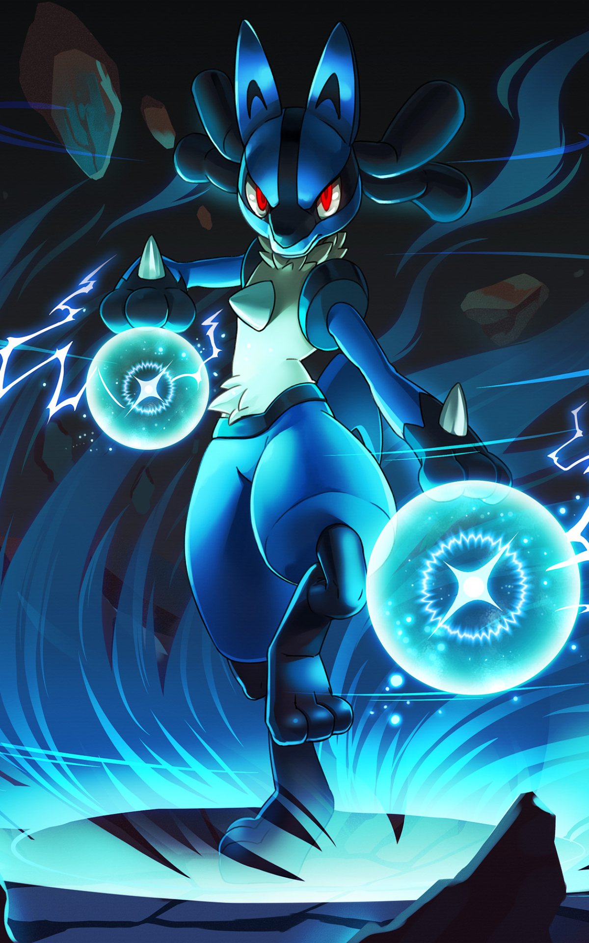 Dynamic phone wallpaper featuring Lucario from Pokémon, showcasing its glowing energy orbs and intense stance, designed for both iPhone and Android screens.