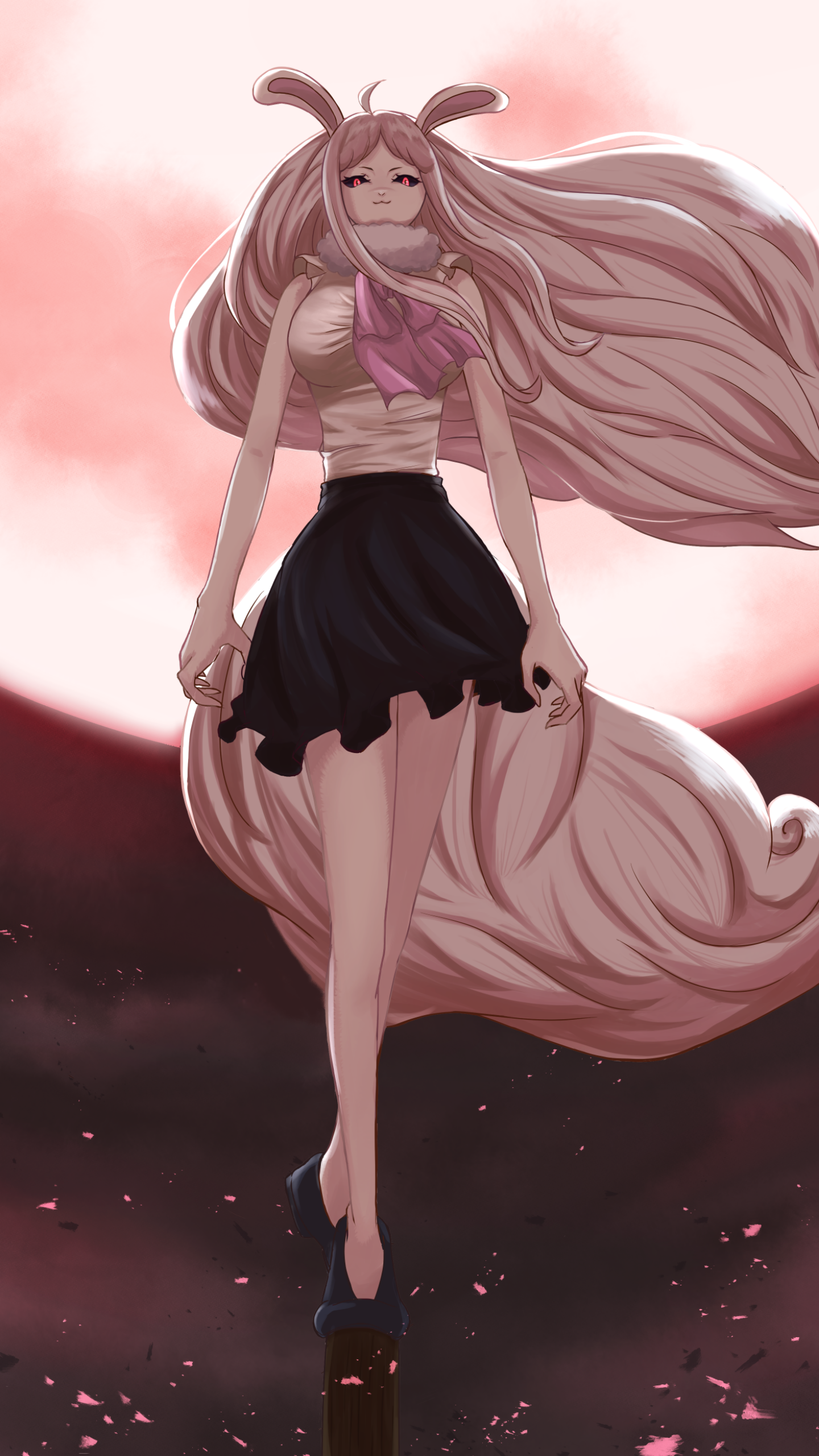 Phone wallpaper of Carrot from the One Piece anime, standing on a post with flowing hair and rabbit ears against a full moon.