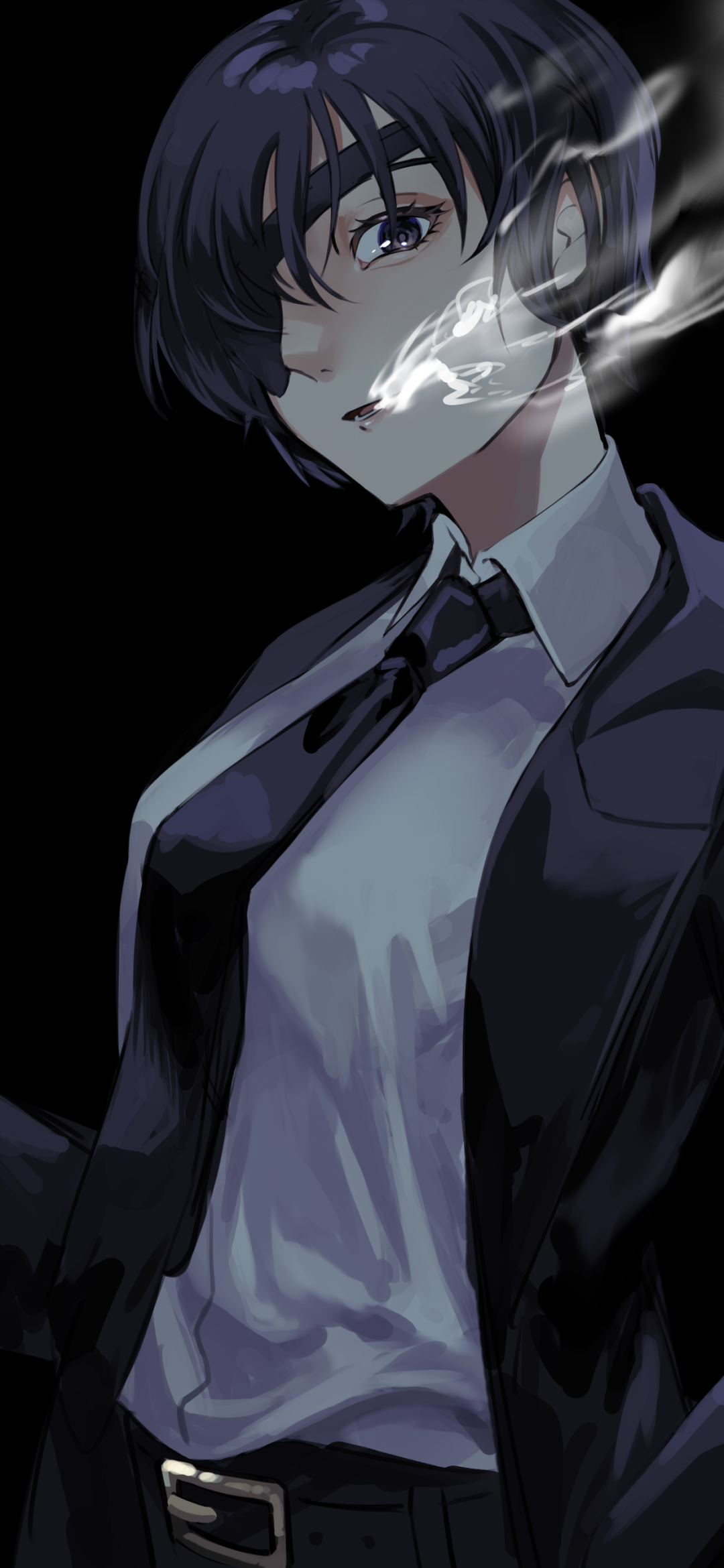 Himeno (Chainsaw Man) anime phone wallpaper: eyepatch-wearing Himeno in a suit and tie on a black background, white smoke curling from her mouth into a small demonic shape.